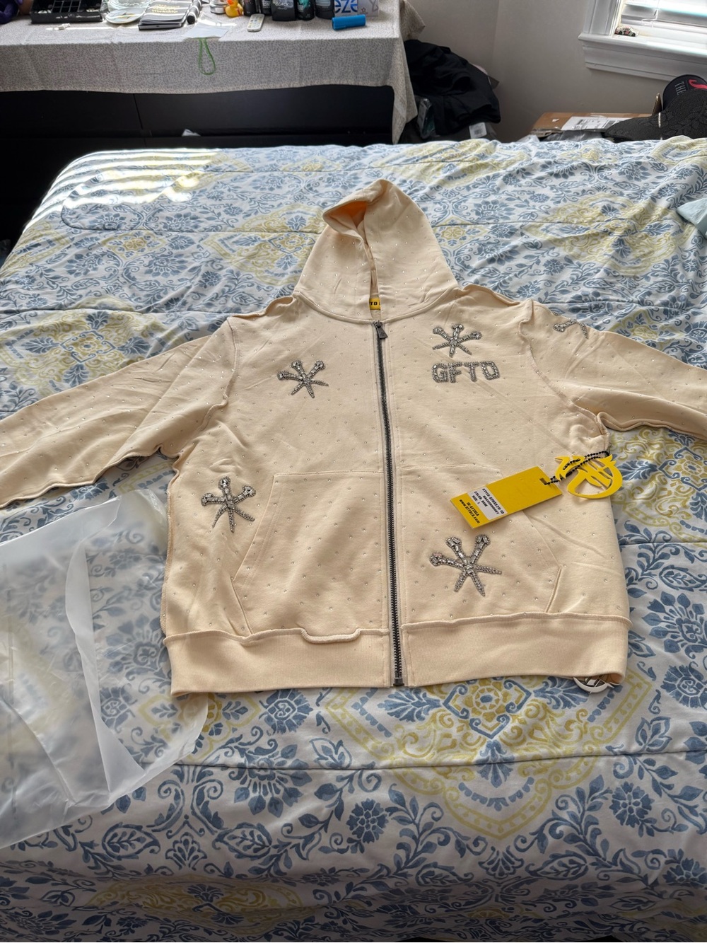 GFTD Embellished Zip-Up Hoodie in Light Cream